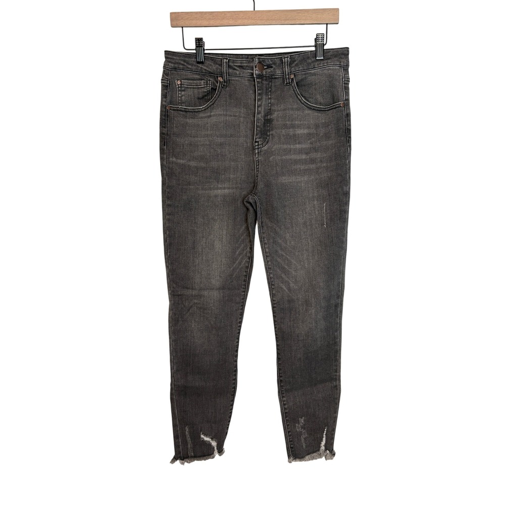 Risen Los Angeles High Rise Skinny Jeans Faded Black Distressed Raw Hem 30/11
